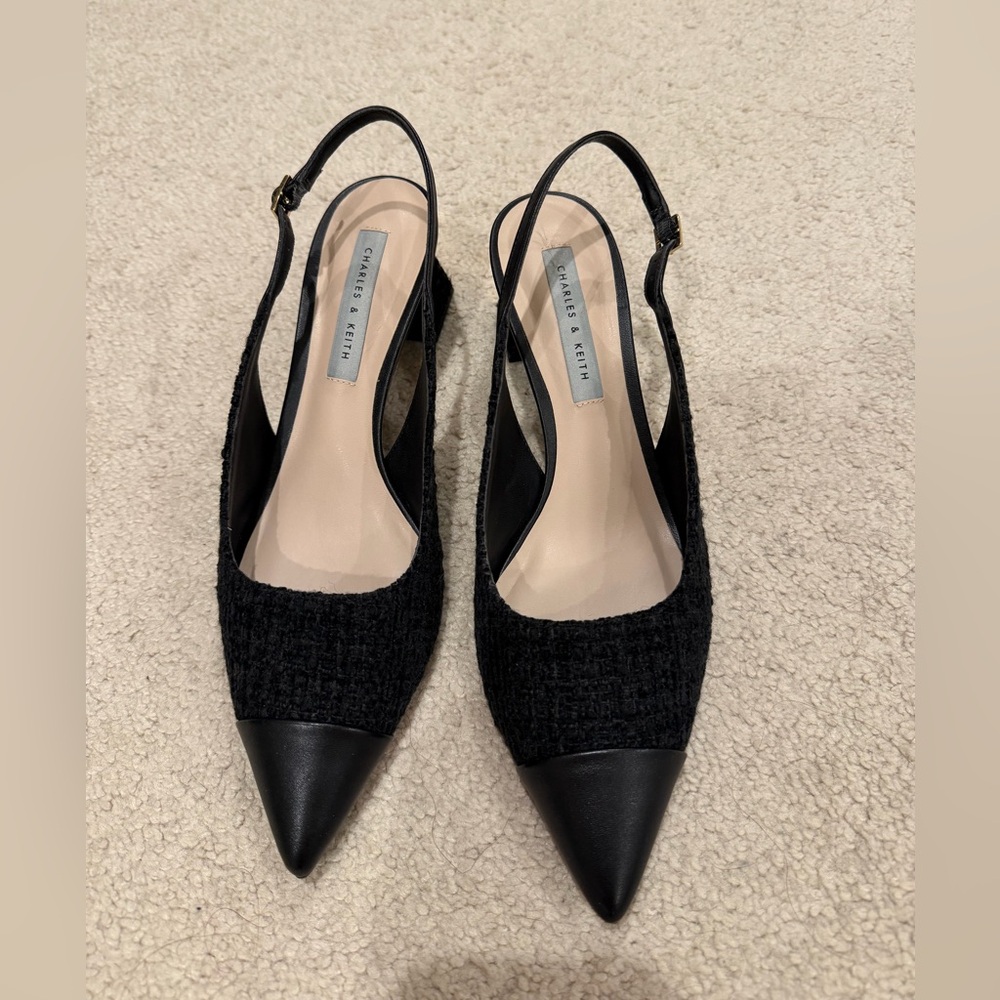 Charles & Keith Black Pointed Slingback Mules